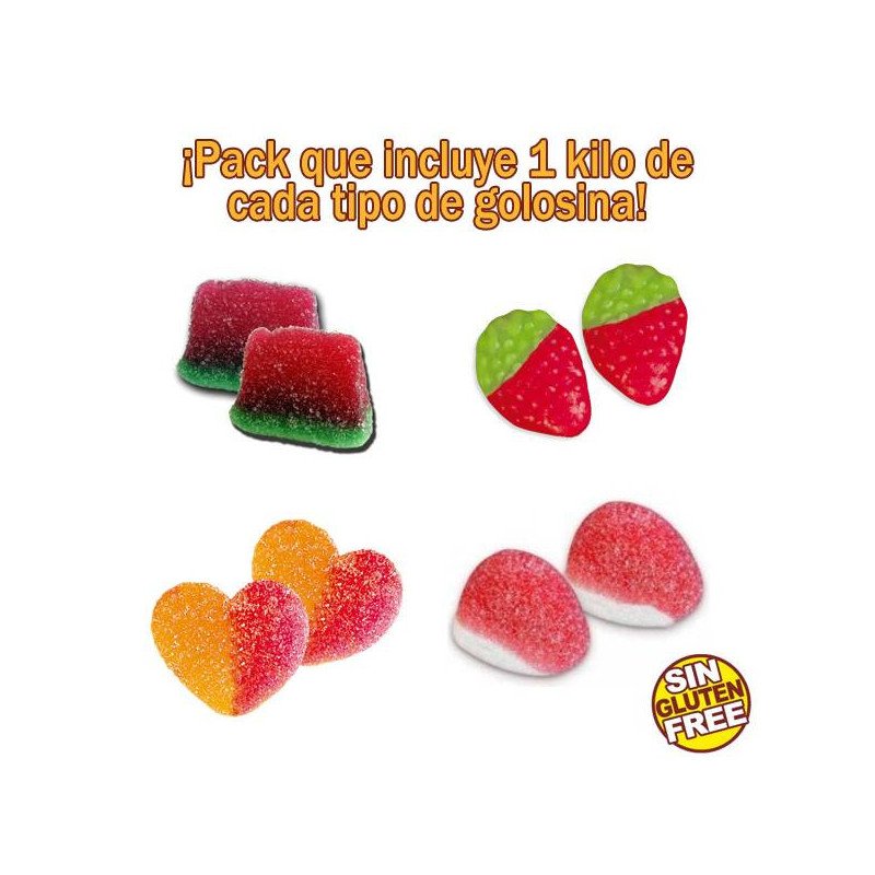 Pack de Tajadas de sandía (1kg) + Fresas silvestres (1kg) + Corazón de melocotón (1kg) + Besos (1kg)